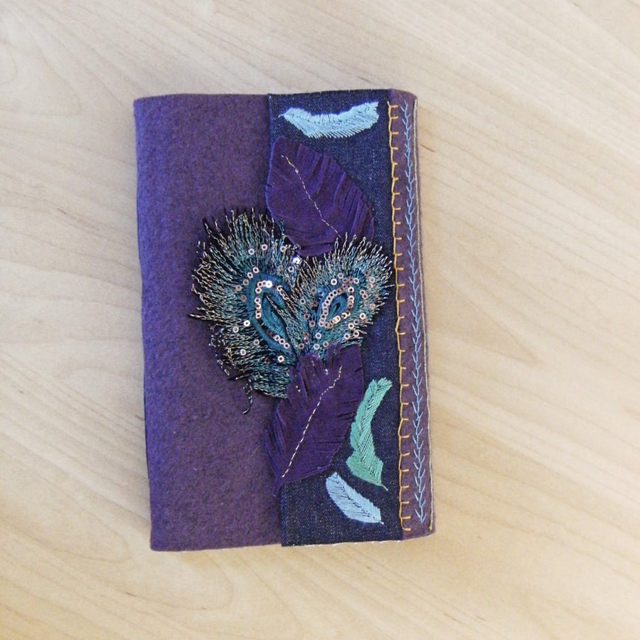 Purple Peacock - Wool Felt Embroidered Journal, Hand Bound