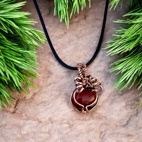 Oxidised Copper Red Agate Pumpkin Necklace 16”  Cord