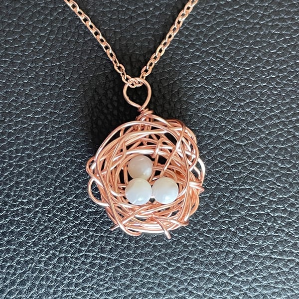 Wire Wrapped Rose Gold Copper & Mother of Pearl Birds Nest Pendant
