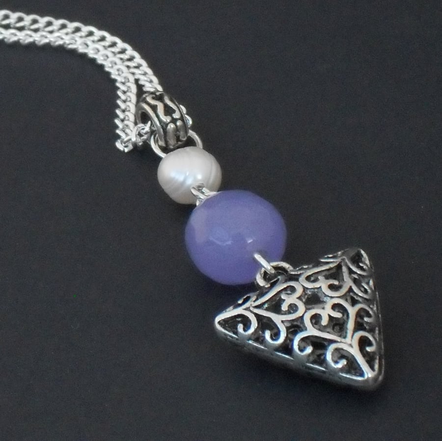 Pearl, purple alexandrite & tibetan silver filigree charm necklace