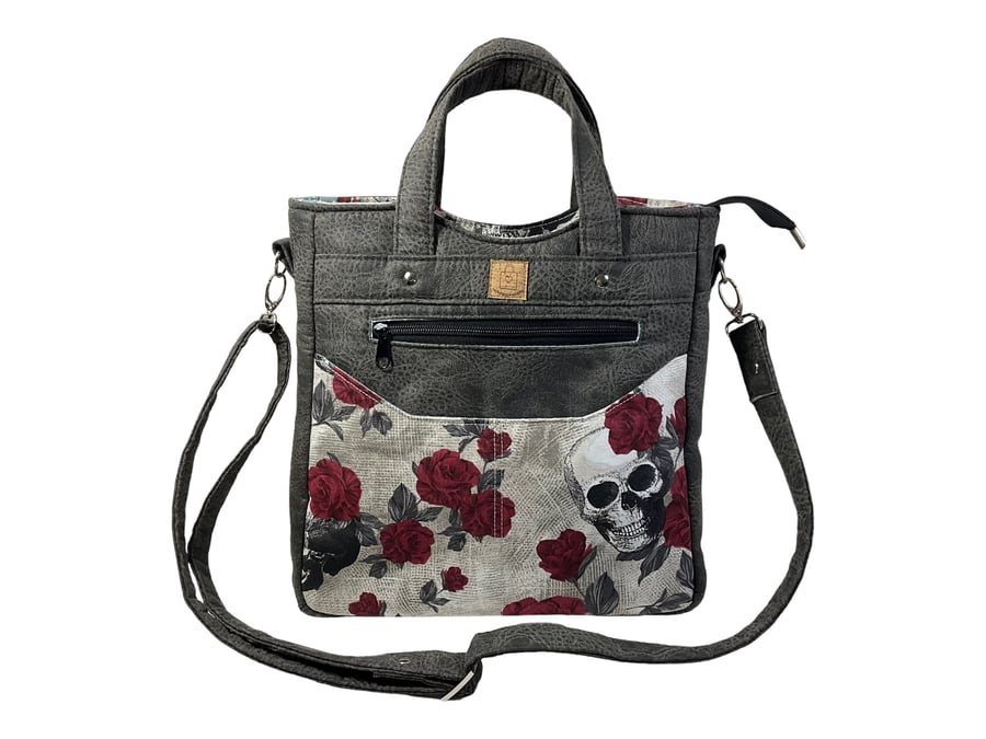 Handbag in faux leather and skeleton head print, vegan ladies gift, handles and 