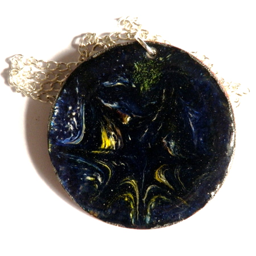 Pendant - round, scrolled gold and pink over dark blue