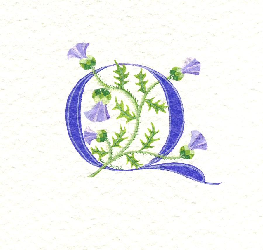 Initial letter 'Q' handpainted in purple with Scots thistles.