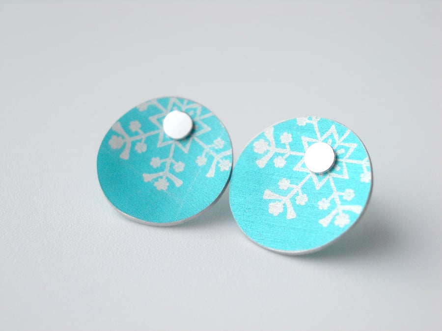 Snowflake Christmas winter earrings studs in turquoise and silver