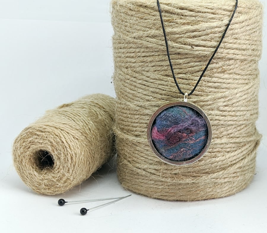 Felted pendant - blues and pinks in silver bezel