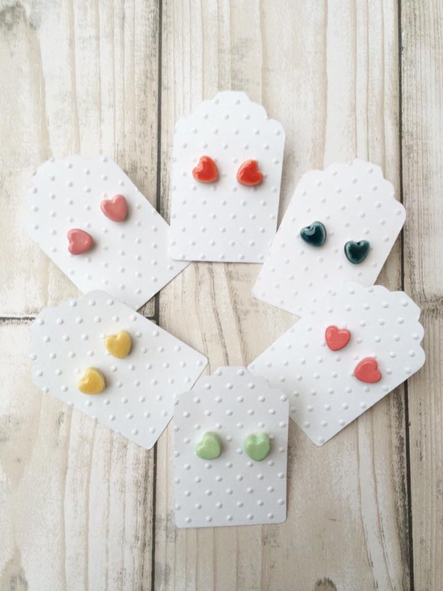 Little ceramic heart stud earrings - sterling silver posts and scrolls