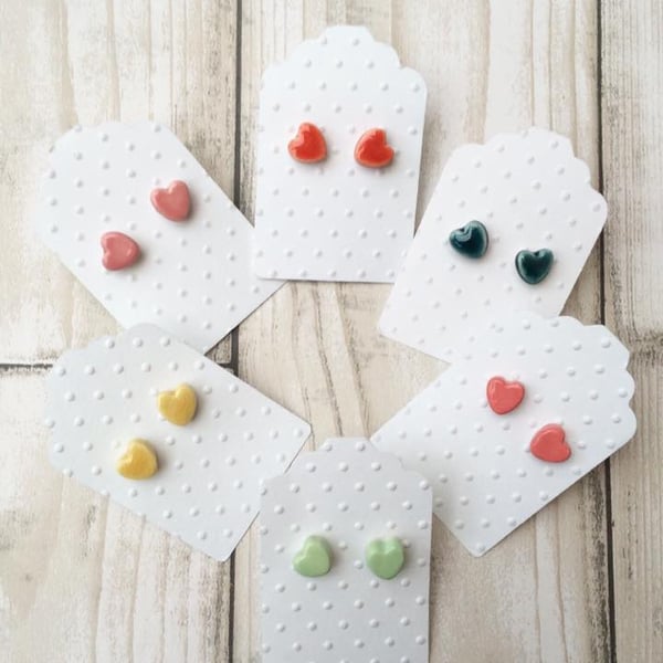 Little ceramic heart stud earrings - sterling silver posts and scrolls