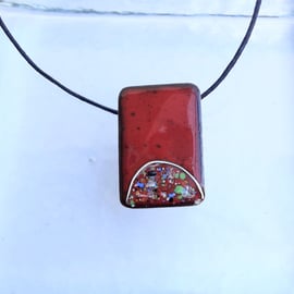 OBLONG, ENAMELLED COPPER PENDANT, DECO DESIGN WITH STERLING SILVER - RED