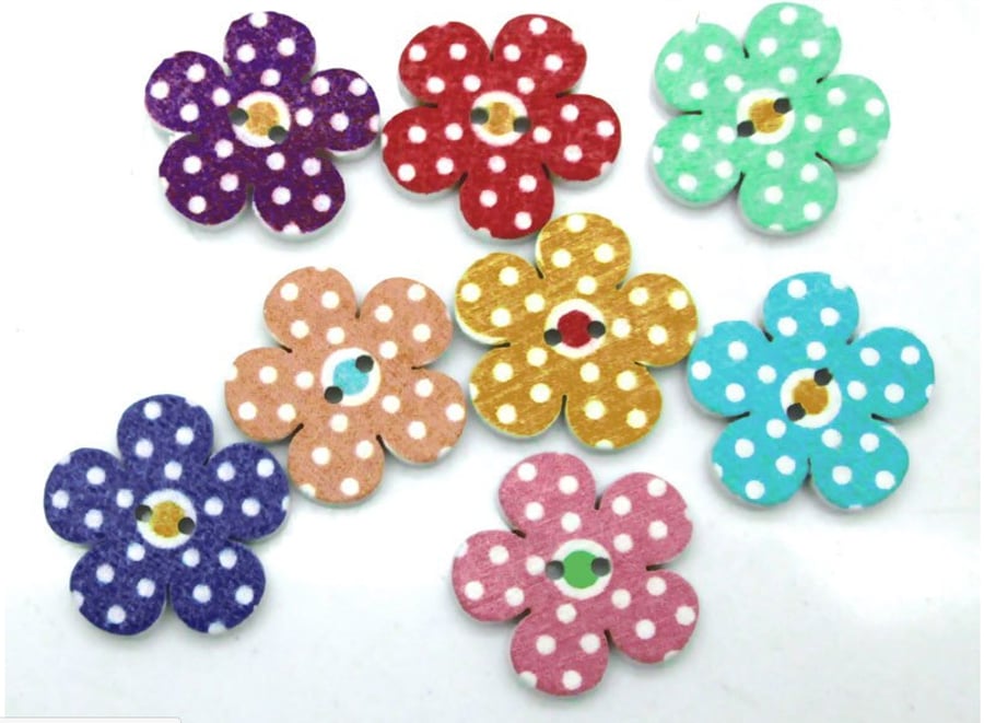 Flower buttons, pretty colourful wooden buttons, Crafts, sewing, x 10