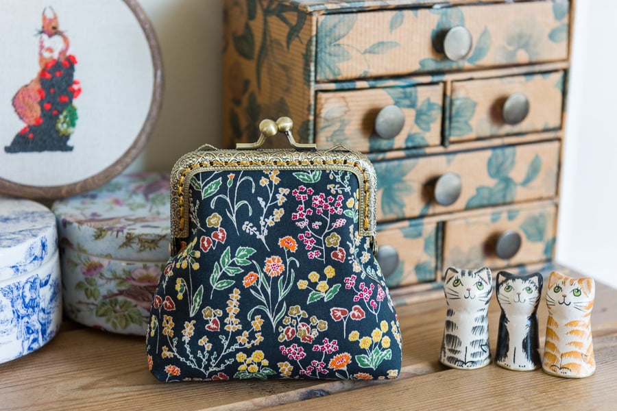Coin purse made with Liberty lawn the print: 'Tess and Rosa', a dark floral