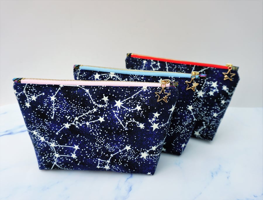 Cosmetics purse in constellations fabric, Glow-in-the-dark fabric purse, cosmeti