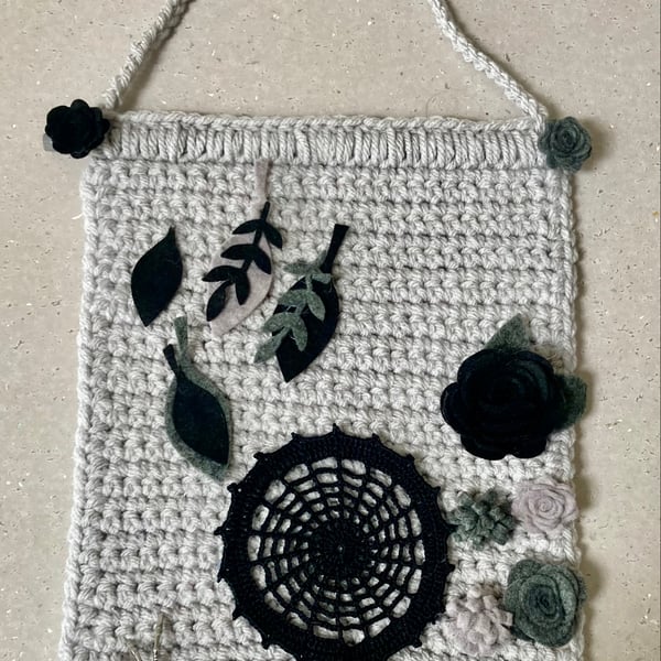 Spooky Monochrome Bloom Crochet Wall Hanging