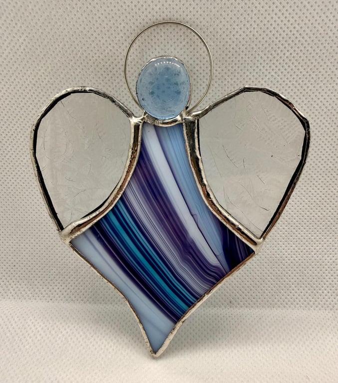 Stained Glass Heart Angel - Stripey blue body with clear gluechip wings