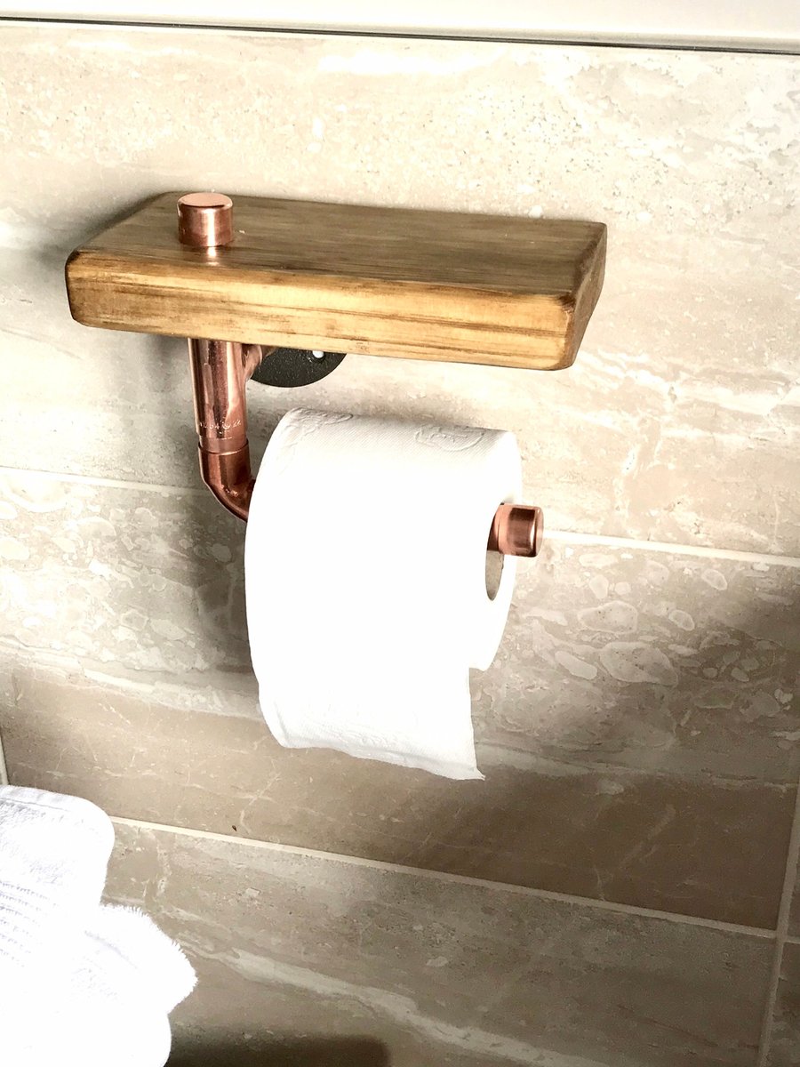 Toilet Roll Holder, Single Copper Pipe, pure Mineral Copper, crafted Timber Shel
