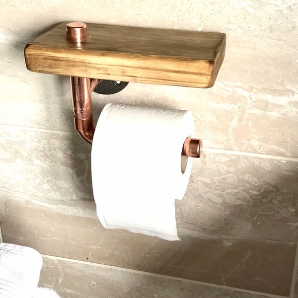 Toilet Roll Holder, Single Copper Pipe, pure Mineral Copper, crafted Timber Shel