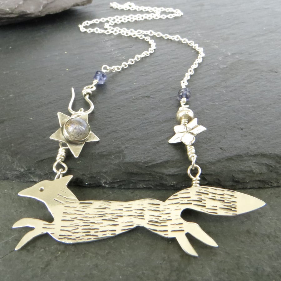 Silver fox necklace with labradorite and iolite, Gift for animal lover