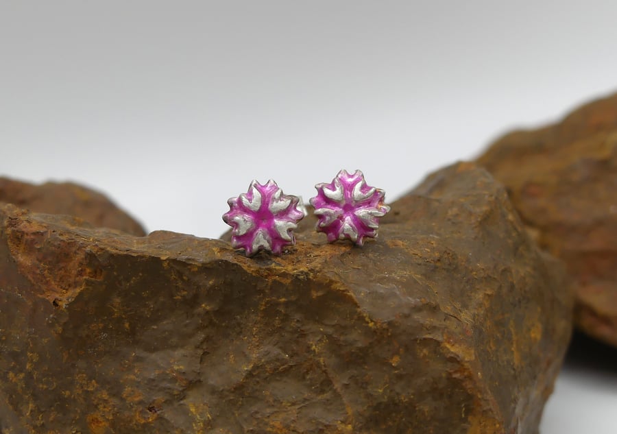 Recycled Sterling Silver Flower Design Stud Earrings with a Pink Patina.