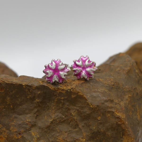Recycled Sterling Silver Flower Design Stud Earrings with a Pink Patina.