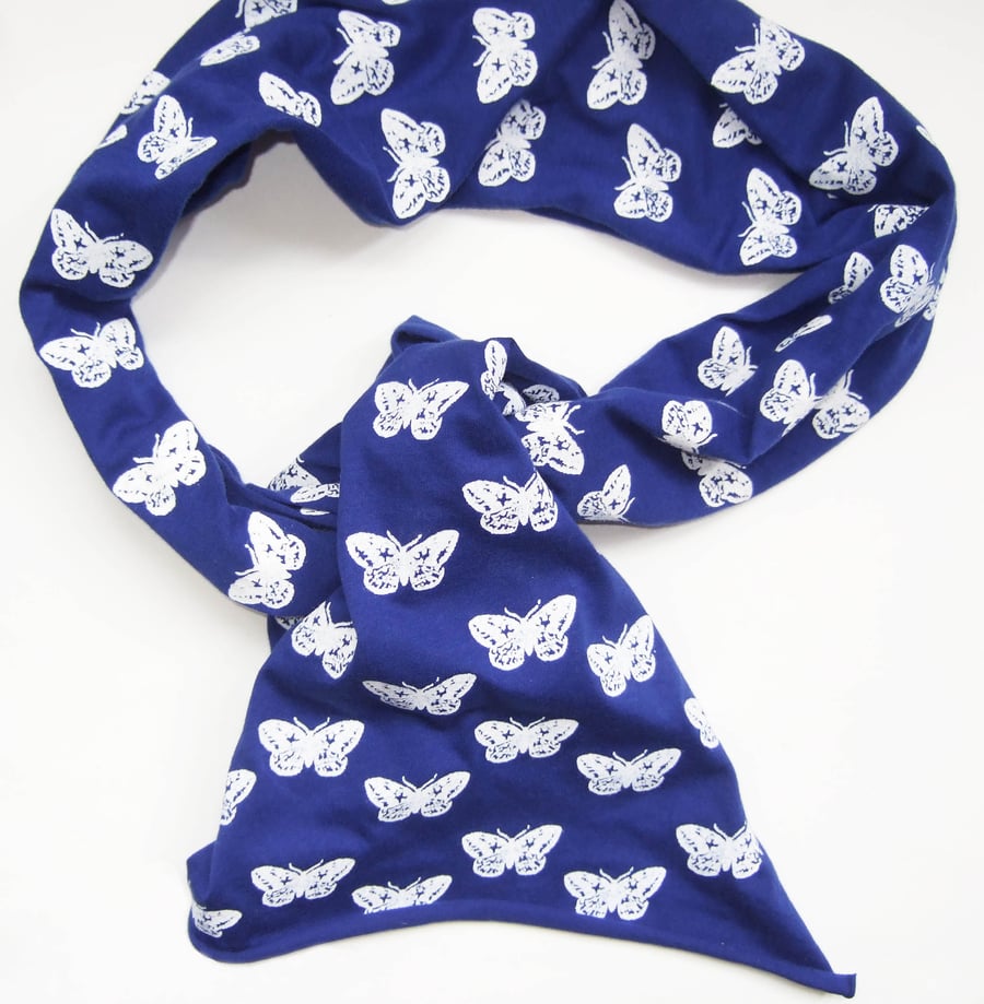 Hand printed scarf deep  blue with white moth pattern