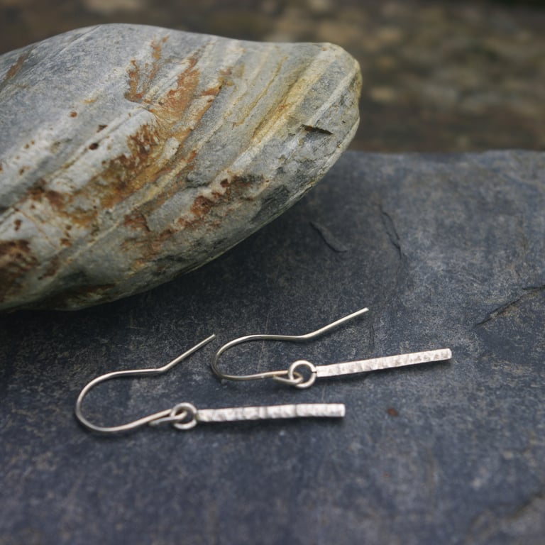 Silver Textured Square Bar Dangle Earrings