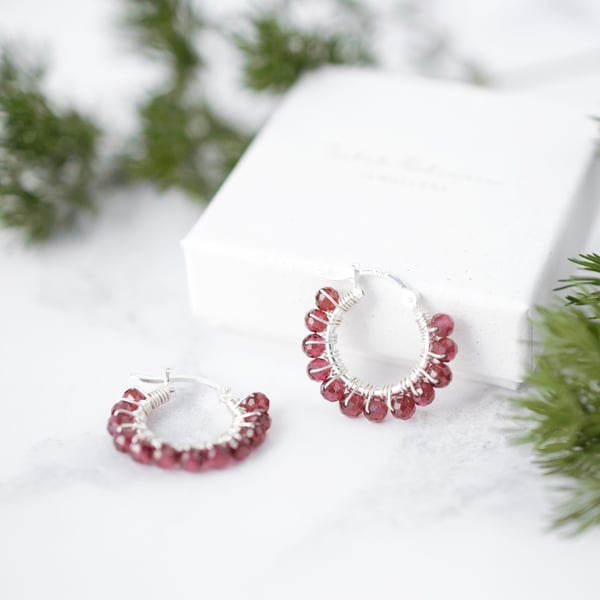 Garnet Gemstone Silver Hoop Earrings - Handmade Artisan Jewellery 