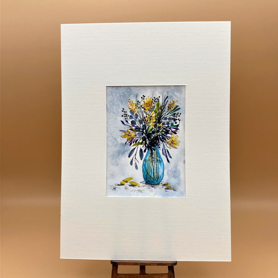 ACEO, Original watercolour of yellow flowers, leaves and grass in a blue vase   