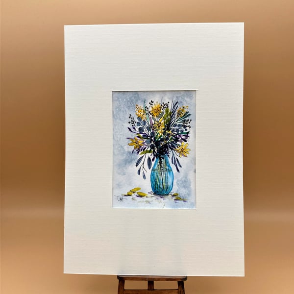 ACEO, Original watercolour of yellow flowers, leaves and grass in a blue vase   