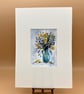 ACEO, Original watercolour of yellow flowers, leaves and grass in a blue vase   