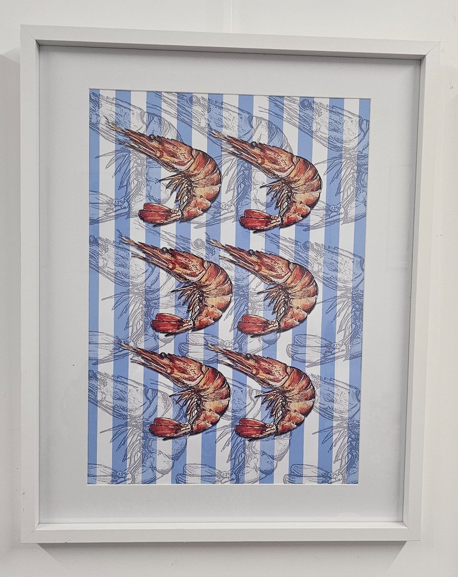 Seafood prawns nautical stripe art Print