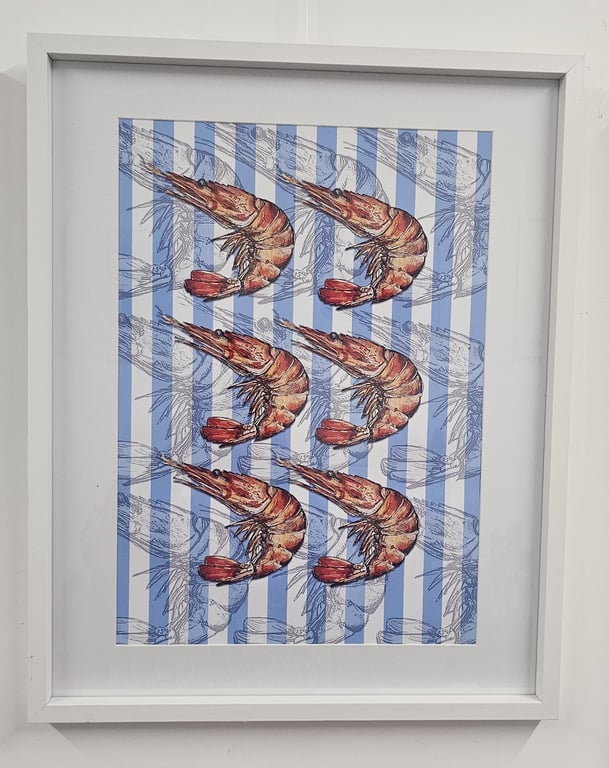 Seafood prawns nautical stripe art Print