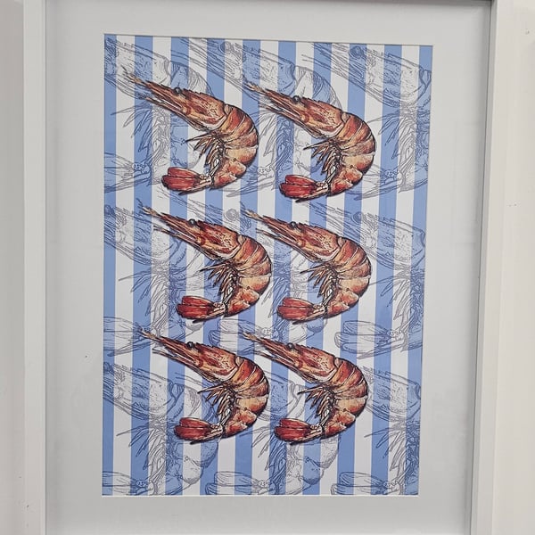 Seafood prawns nautical stripe art Print