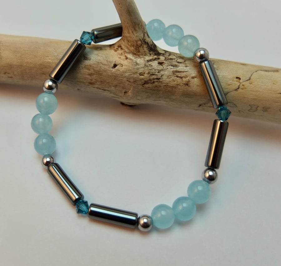 Blue Jade, Hematite And Swarovski Crystal Bracelet - Handmade In Devon