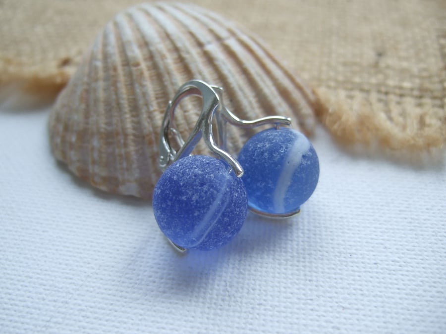 Blue Beach Marble earrings, sea glass marbles, beach glass lever back earrings