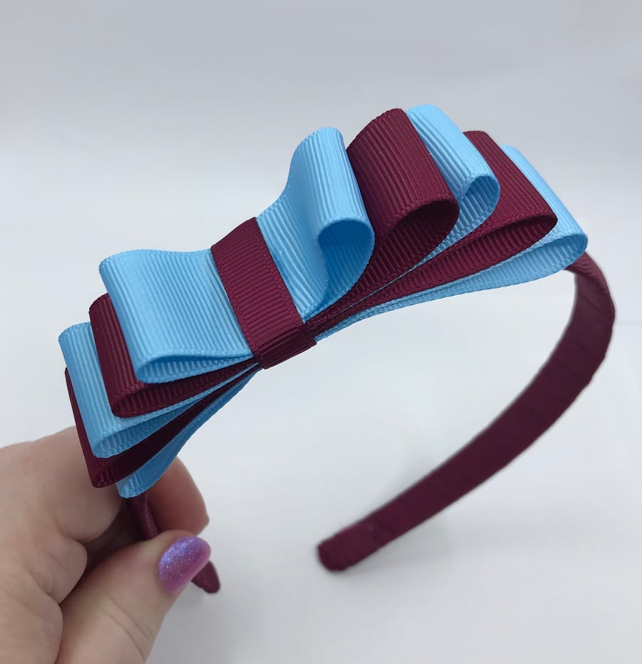 School Wine and Light Blue Hairband with 5 Layer Two-tone Straight Bow