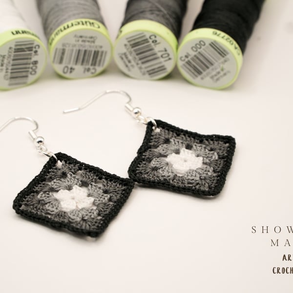 Granny square earrings with sterling silver hooks, hypoallergenic earrings 