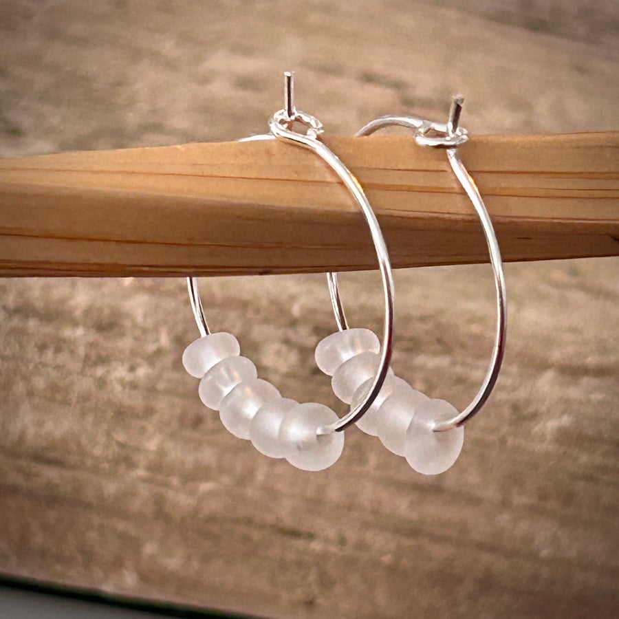 Silver Plated Hoop Earrings with Frosted Glass Beads