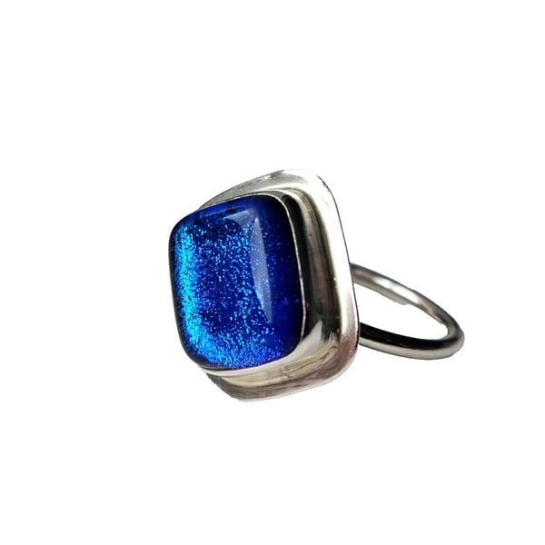 Sterling Silver & Blue Metallic Dichroic Glass Ring UK Size L