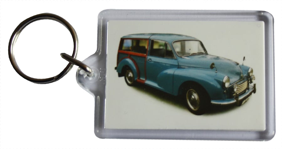 Morris Minor Traveller 1960 (Mid Blue) - Keyring with 50x35mm Insert - Car Fan