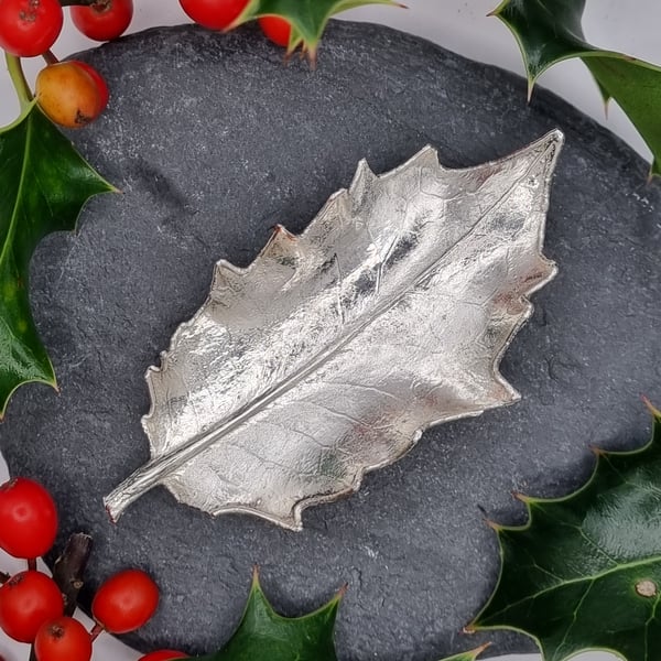 Real holly leaf preserved in silver, brooch 