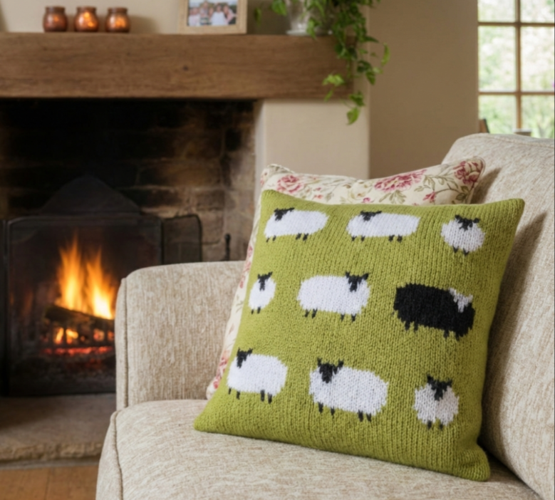 Knitting Pattern for a Sheep Cushion using Aran or Worsted Wool. Digital Pattern