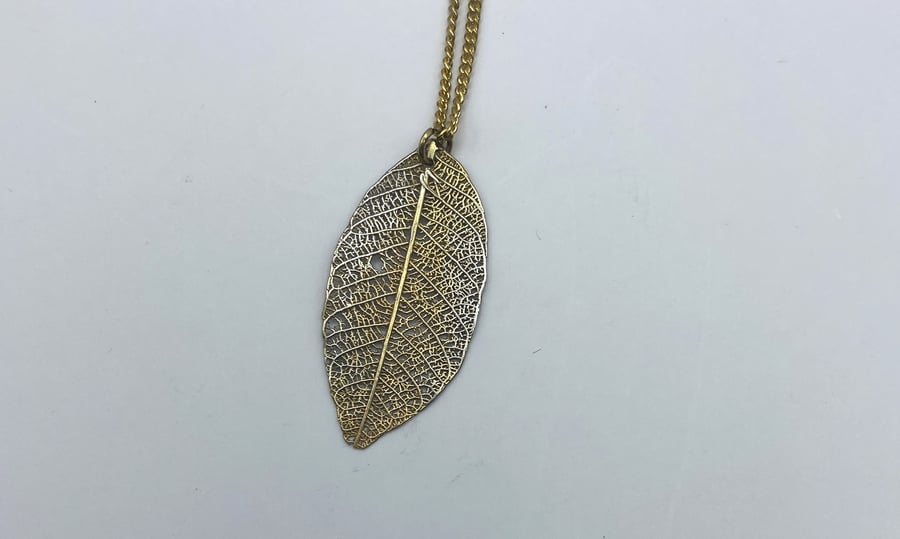 Skeleton leaf pendant, Pure gold electroform, 896