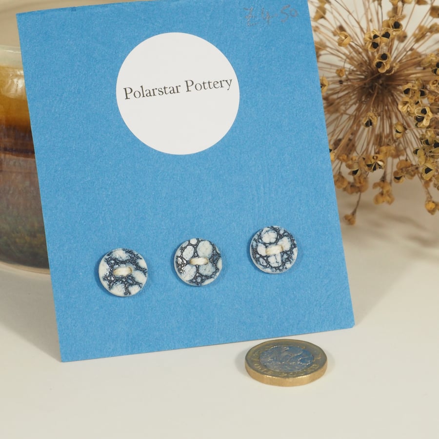 Set of 3 Small Porcelain Buttons - Blue lace texture