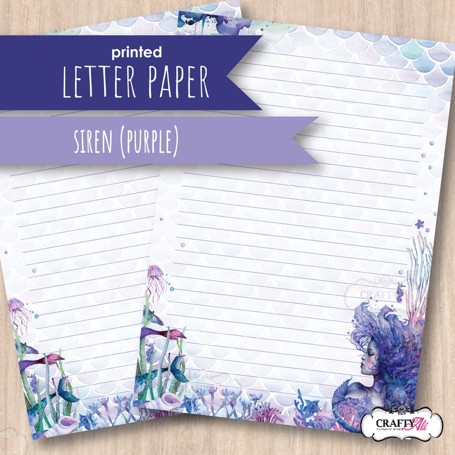 Letter Writing Paper - Mermaid Siren in purple, 10 sheets