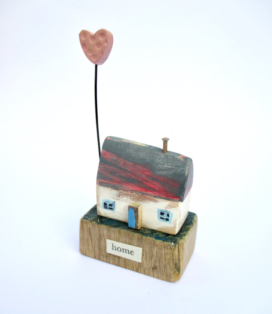 SALE - Little wooden home with clay love heart - pink