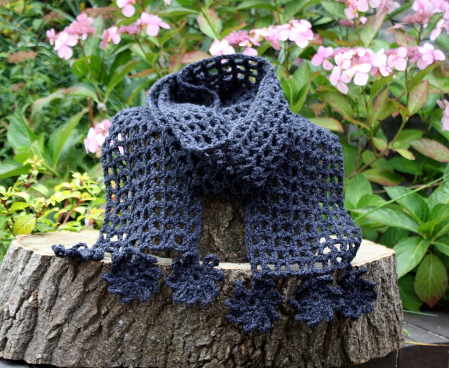 SALE - Scarf Dark Blue Crocheted