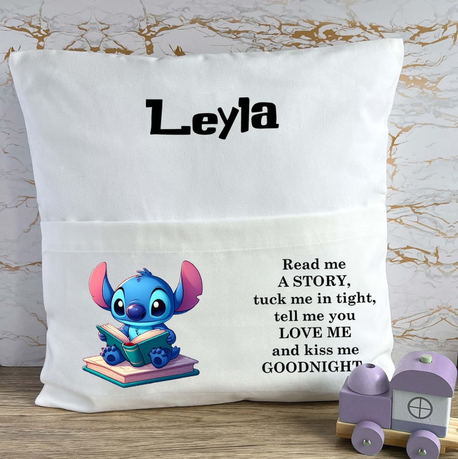Personalised Stitch Book Pocket Cushion, Read Me A Story Reading Cushion