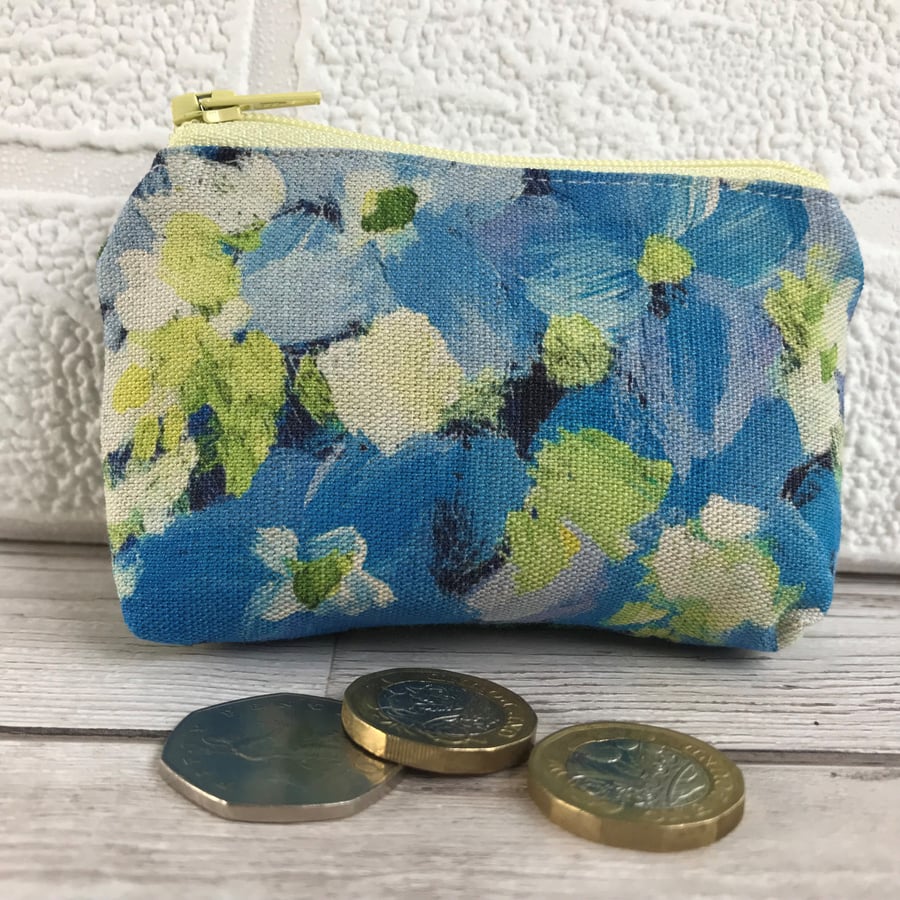 Small purse, coin purse in blue, yellow and cream floral print fabric