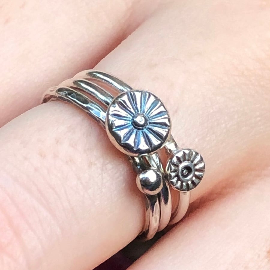 Sterling Silver Stacking Ring Set with Flowers