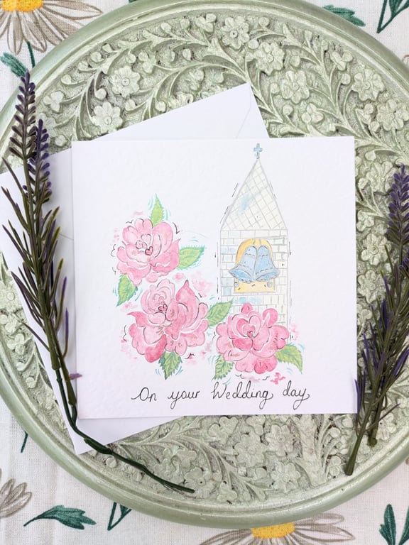 Hand-painted Church Floral Wedding card