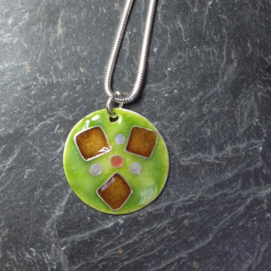 Green and golden brown cloisonne enamelled pendant